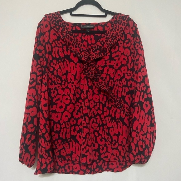 Lane Bryant Tops - Lane Bryant LIKE NEW red/black animal print ruffle front v neck blouse size 14